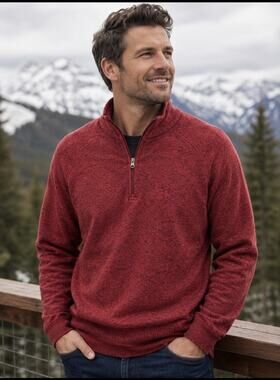 NWT VTG 1946 Men’s Red Speckled Black 1/4 Mock Neck Fleece Sweater Winter